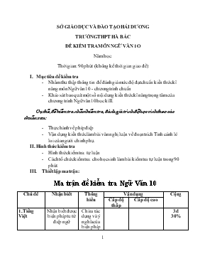 Đề kiểm tra môn Ngữ văn 10 - Trường THPT Hà Bắc